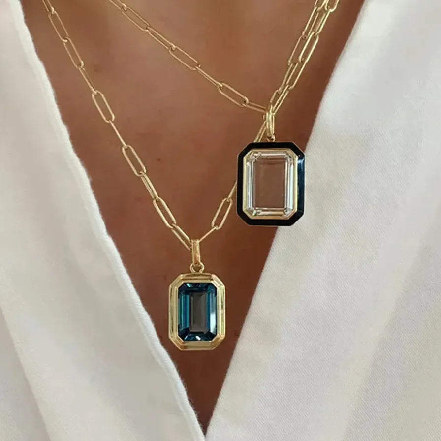 Retro Hip-Hop Multicolor Geometric Square Crystal Pendant Necklace Cuba Chain Women