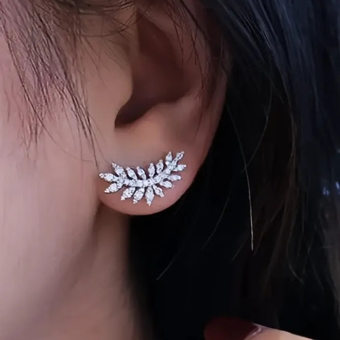 Silver Leaf Geometric Stud Earrings with White CZ Stone for Women