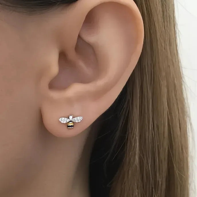 Dainty Geometric Bee Stud Earrings for Women Copper Alloy Cubic Zirconia Silver Gold