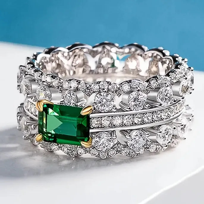 Noble Green Brass Geometric Ring with Cubic Zirconia for Women Anniversary Jewelry