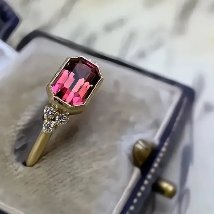 Geometric Gold Color Red Cubic Zirconia Wedding Band Ring for Women Gift