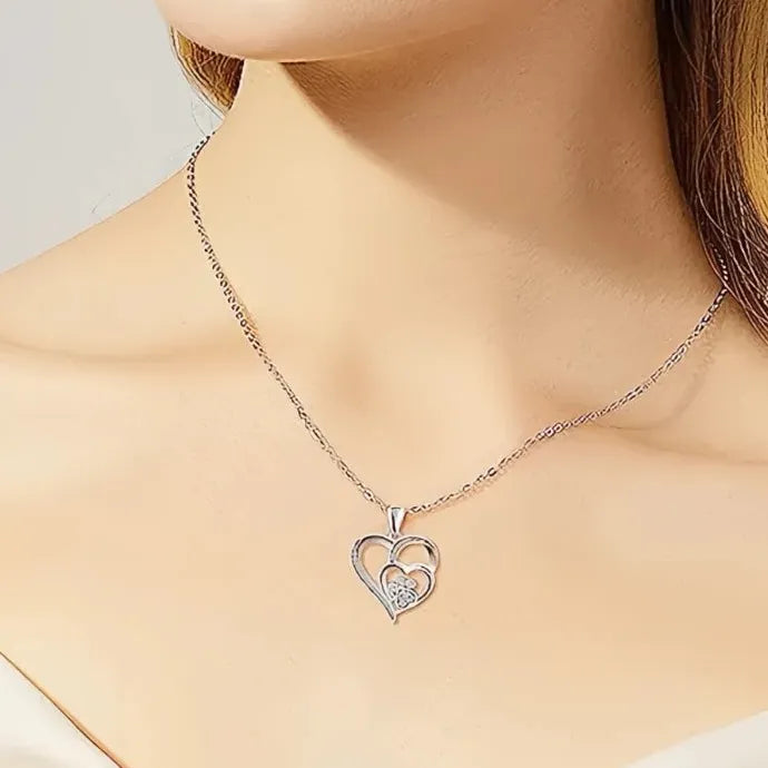 Double Heart Pendant Necklace with Paw Print CZ Copper Alloy Jewelry for Women