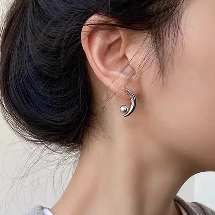Moon Gray Pearl Stud Earrings Copper Moon Bowknot Jewelry Gift Women