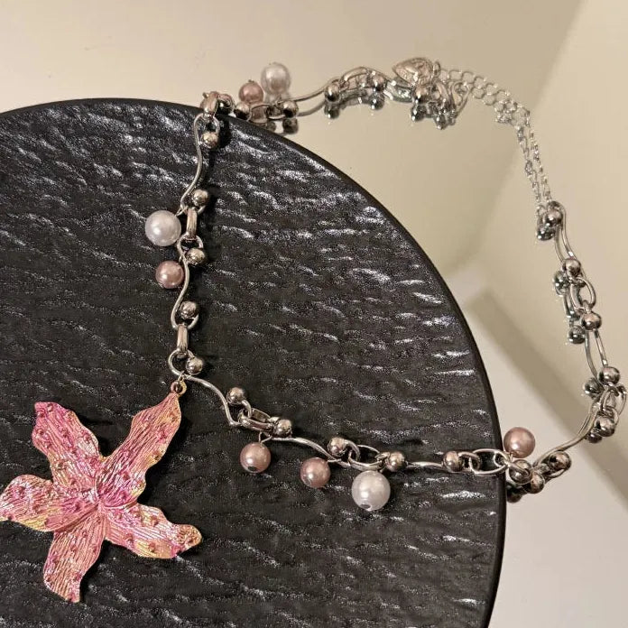 Vintage Purple Pink Starfish Flower Pearl Necklace with Zinc Alloy Pendant