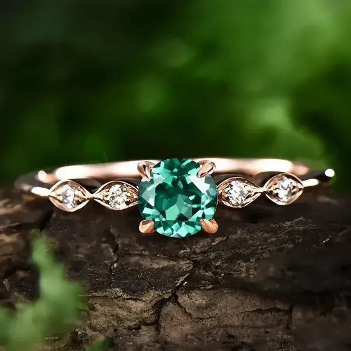 Rose Gold Green CZ Brass Ring Luxury Wedding Party Jewelry for Women