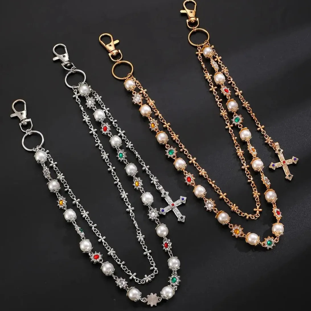 Punk Gothic Zinc Alloy Cross Pendant Multi-Layer Pearl Waist Chain Jewelry