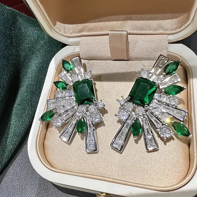 Luxury Women Geometric Copper Alloy Stud Earrings Inlaid Green White CZ Jewelry Gift