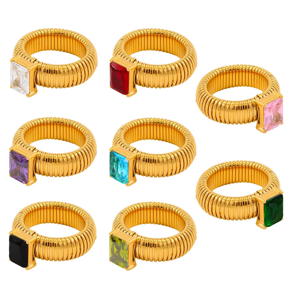 Punk Multicolor Crystal Ring for Women 18K Gold Plated Waterproof Thick Square Ring