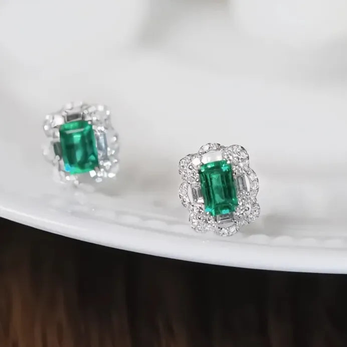 Green Geometric Cubic Zirconia Silver Stud Earrings Bridal Jewelry