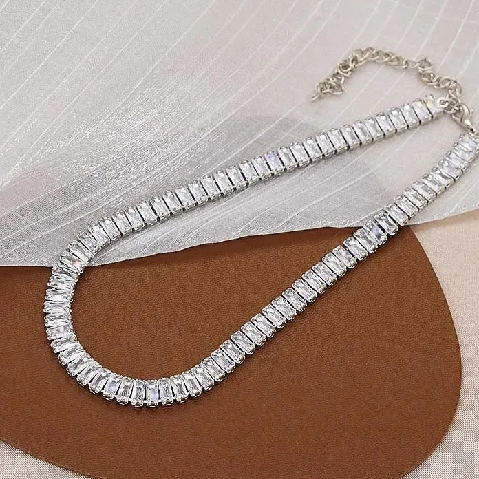 Stainless Steel Zircon Crystal Rectangle Geometric Choker Necklace Women Jewelry Set