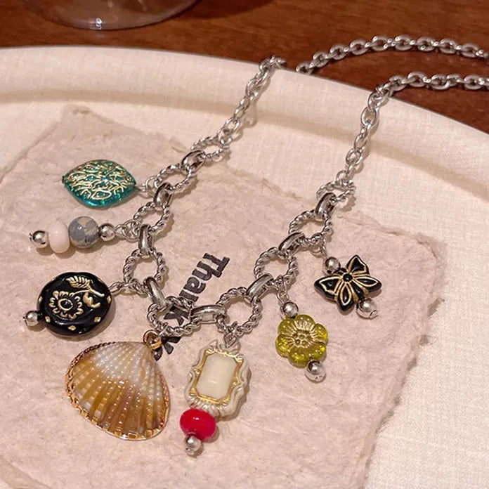 Vintage Zinc Alloy Rhinestone Butterfly Shell Choker Necklace with Tassel
