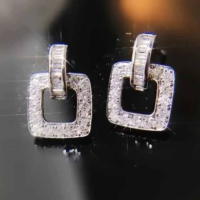 Silver Geometric CZ Stud Earrings Women Bling AAA Zirconia Jewelry Brass