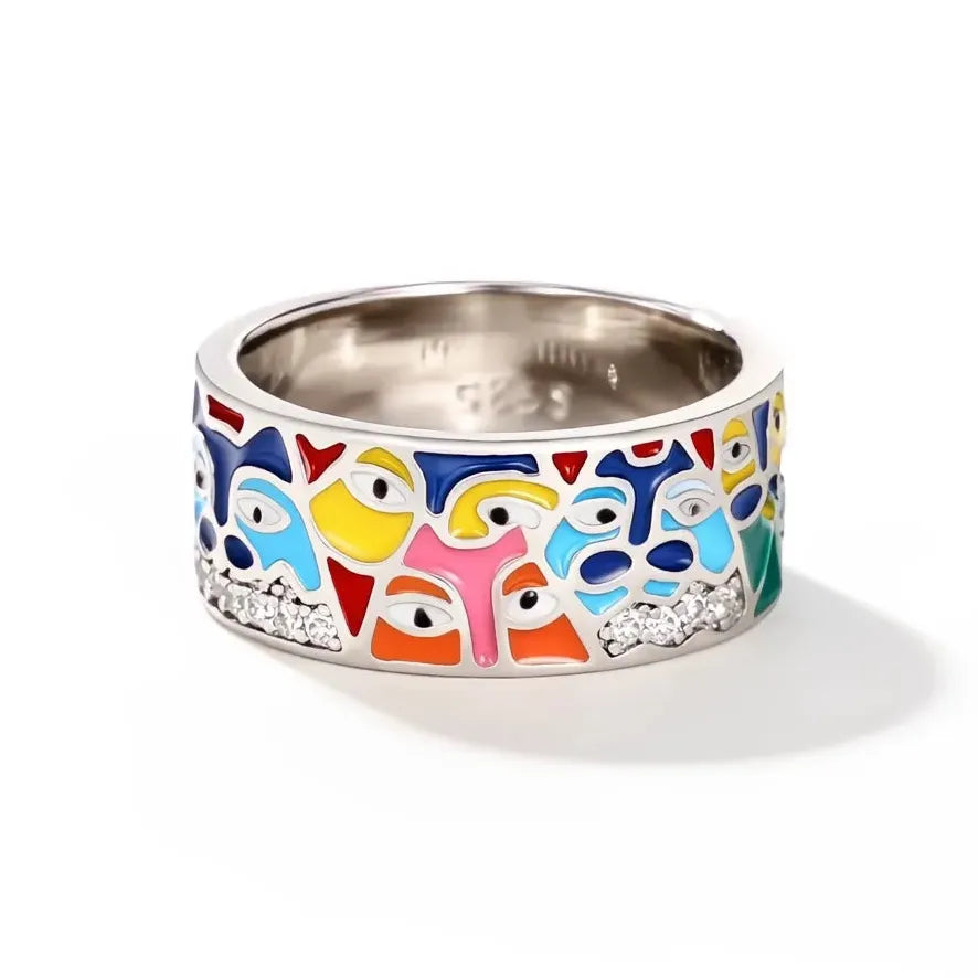 Gold Brass Geometric Ring with Colored Enamel and Cubic Zirconia Jewelry