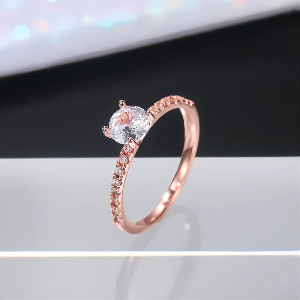 4-Prong Cubic Zirconia Wedding Ring for Women Brass Band Simple Fashion Proposal Jewelry