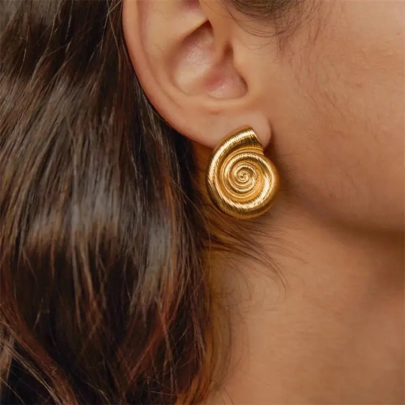 18K Gold Plated Stainless Steel Waterproof Ribbed Large Shell Stud Earrings