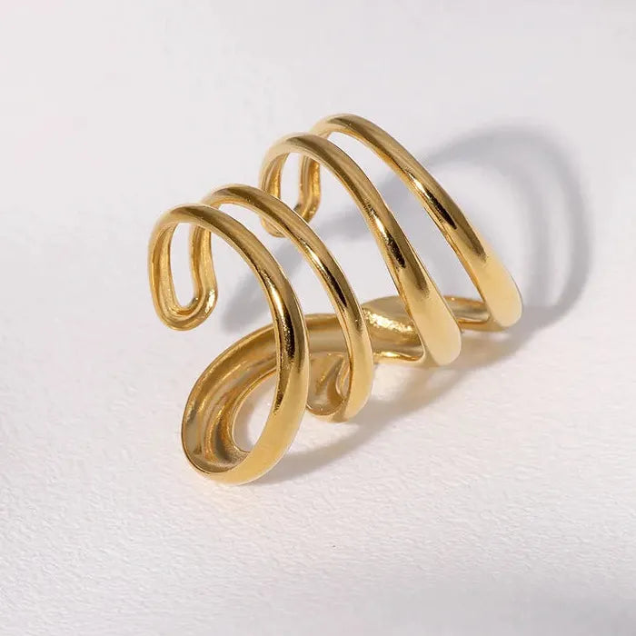 Adjustable Stainless Steel Gold Wave Ring for Women Men Geometric Jewelry