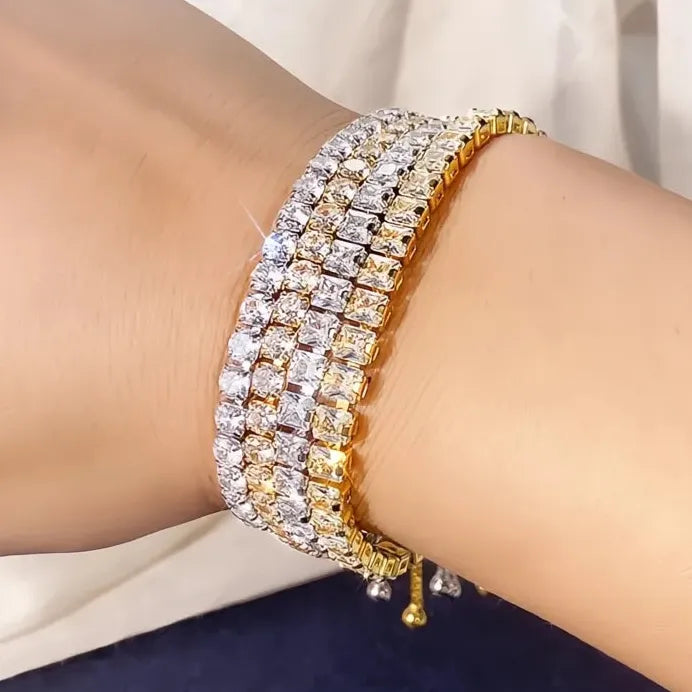 Adjustable Women's Geometric Tennis Bracelet with Round & Square CZ Stones