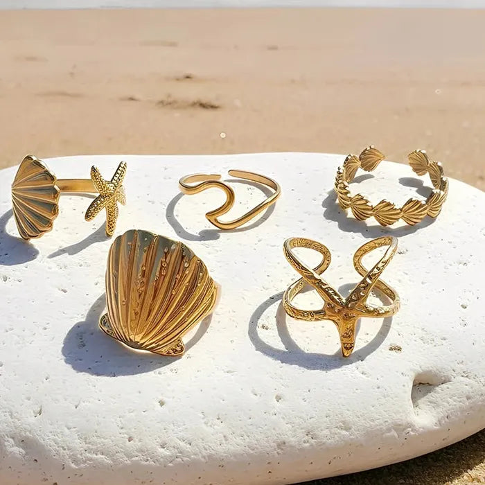 Adjustable Stainless Steel Shell Starfish Ring Set 5Pcs Women Jewelry Gift