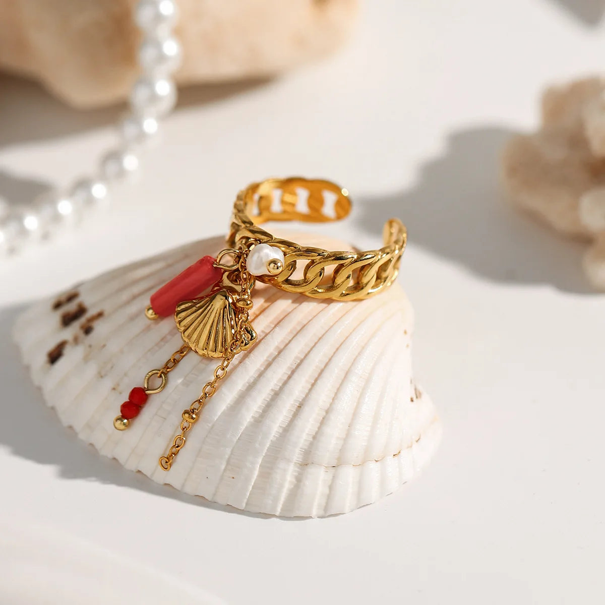 Stainless Steel Personality Rock Tassels Scallop Shell Pearl Red Beads Knuckle Ring