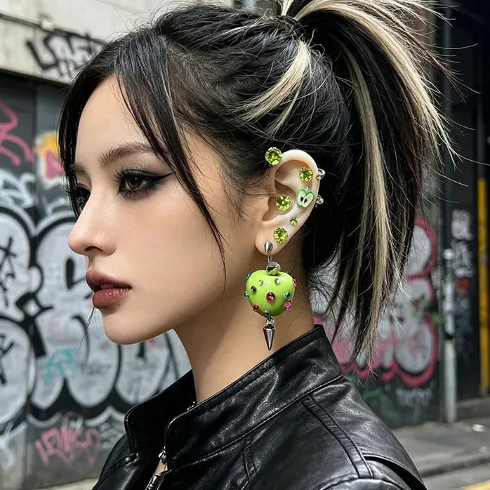 Green Apple Copper Earrings Heart and Slice Stud Set Unisex Jewelry