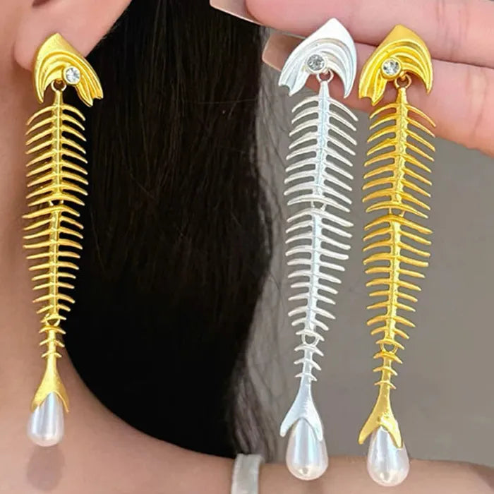Vintage Fishbone Pearl Drop Earrings Zinc Alloy Punk Jewelry Gift for Women