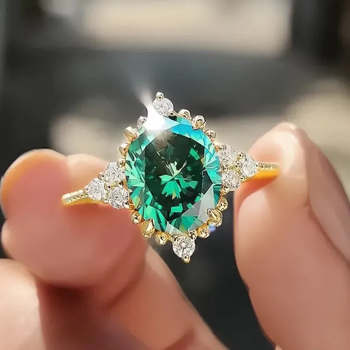 Gold Brass Ring with Green Cubic Zirconia for Women Wedding Party Jewelry