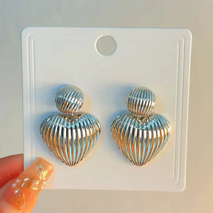 Striped Heart Drop Earrings for Women Gold Zinc Alloy Retro Ball