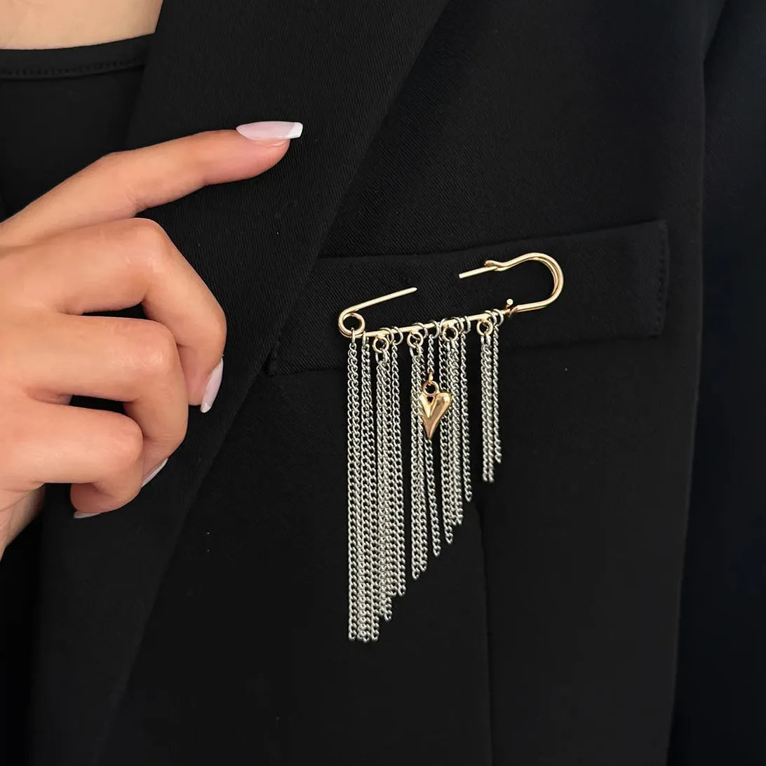 Gold Heart Pendant Brooch Pin with Multi-Layer Tassels for Women Zinc Alloy