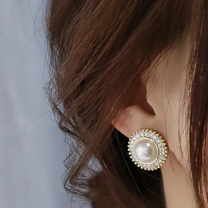 Geometric Pearl Stud Earrings with CZ Inlay for Wedding & Party Wear
