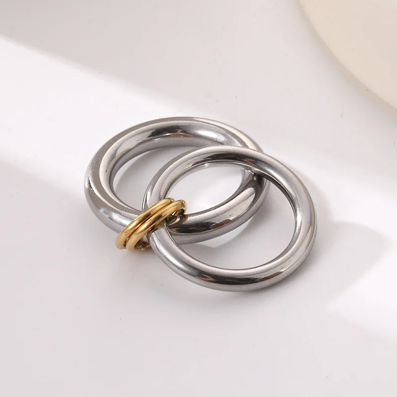 18K Gold Plated Stainless Steel Double Round Finger Ring for Women Waterproof Hiphop Jewelry
