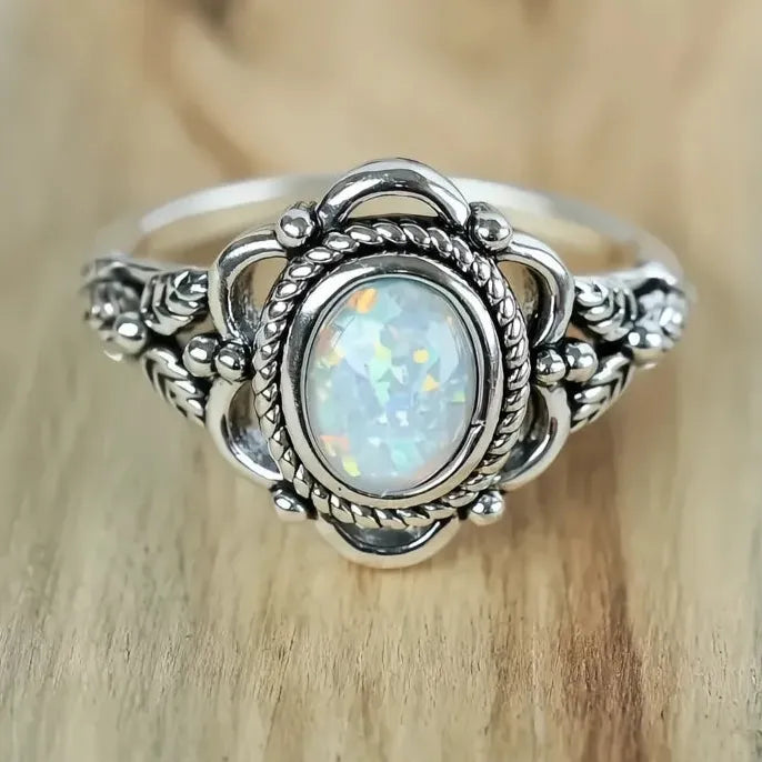 Vintage Brass Ring with Simulated Opal Plant Design Retro Party Jewelry for Women