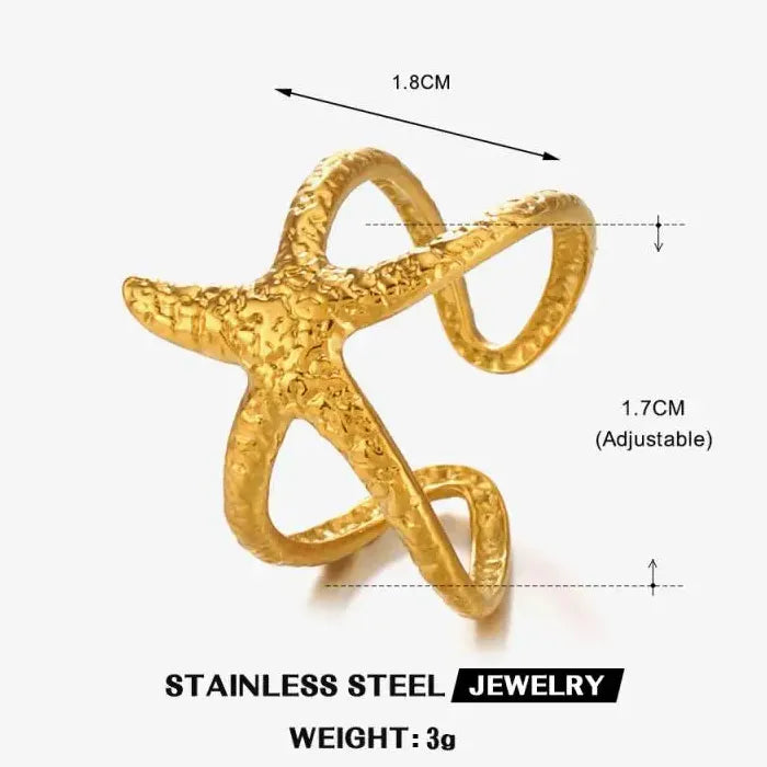 Gold Starfish Stainless Steel Open Ring Vintage Waterproof Jewelry Gift Women