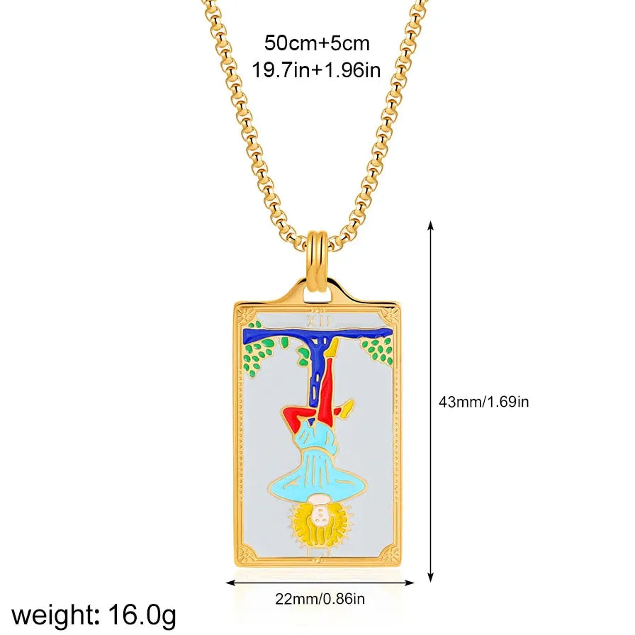 Vintage Gold Plated Stainless Steel Tarot Card Pendant Necklace for Women Punk