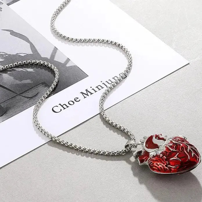 Gothic Rose Red Love Necklace Women’s Y2K Grunge Silver Tone Copper Heart Pendant Jewelry