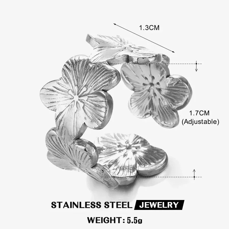 Adjustable Stainless Steel Flower Plant Ring for Women and Girls Jewelry