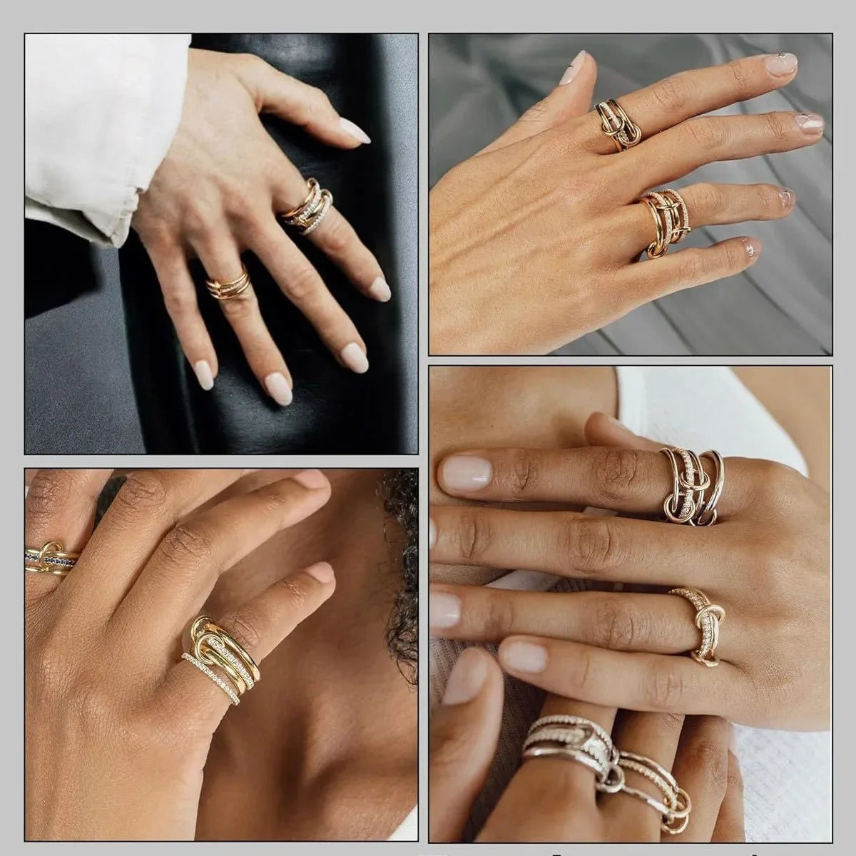 Punk 4-Layer Mixed Color Stainless Steel Ring Women Shiny Zircon Jewelry Gift