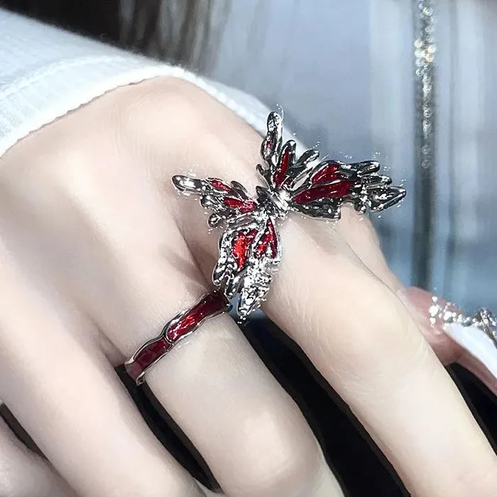 Gothic Butterfly Ring with Red Drop Glaze for Women Men Party Gift
