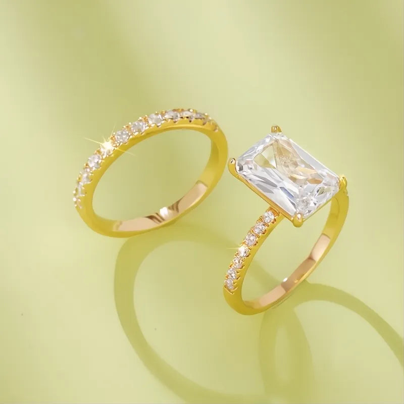 Rectangular Cubic Zirconia Bridal Wedding Rings Set for Women Luxury Trendy Engagement Band Jewelry