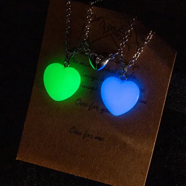 2Pcs Luminous Hexagonal Heart Pendant Couple Magnetic Zinc Alloy Necklace Gift