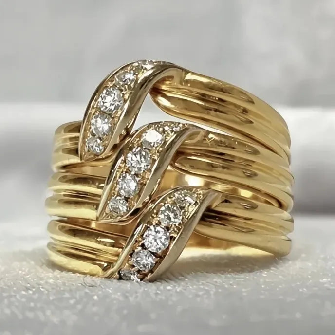 Luxurious Multi-layer Brass Wedding Ring for Women with CZ Geometric Design Gold Color