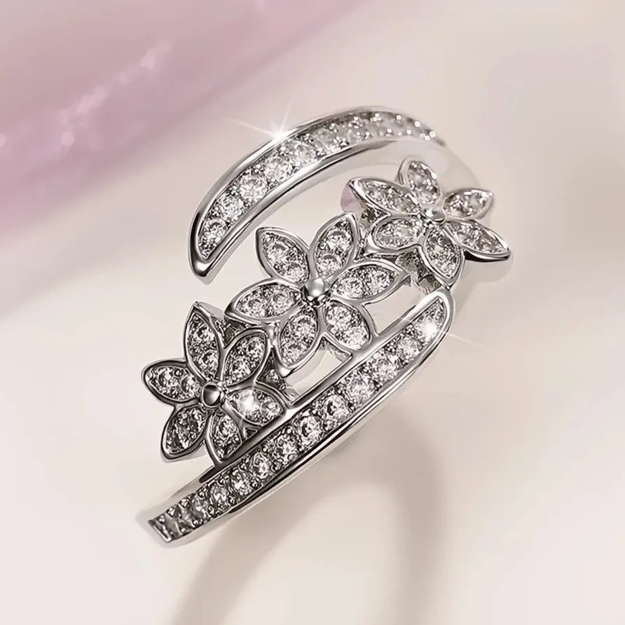 Geometric Crystal Flower Opening Ring Silver Plated Party Jewelry for Women