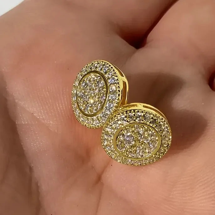 Gold Color Round Cubic Zirconia Stud Earrings for Women, Full Paved Fashion Jewelry