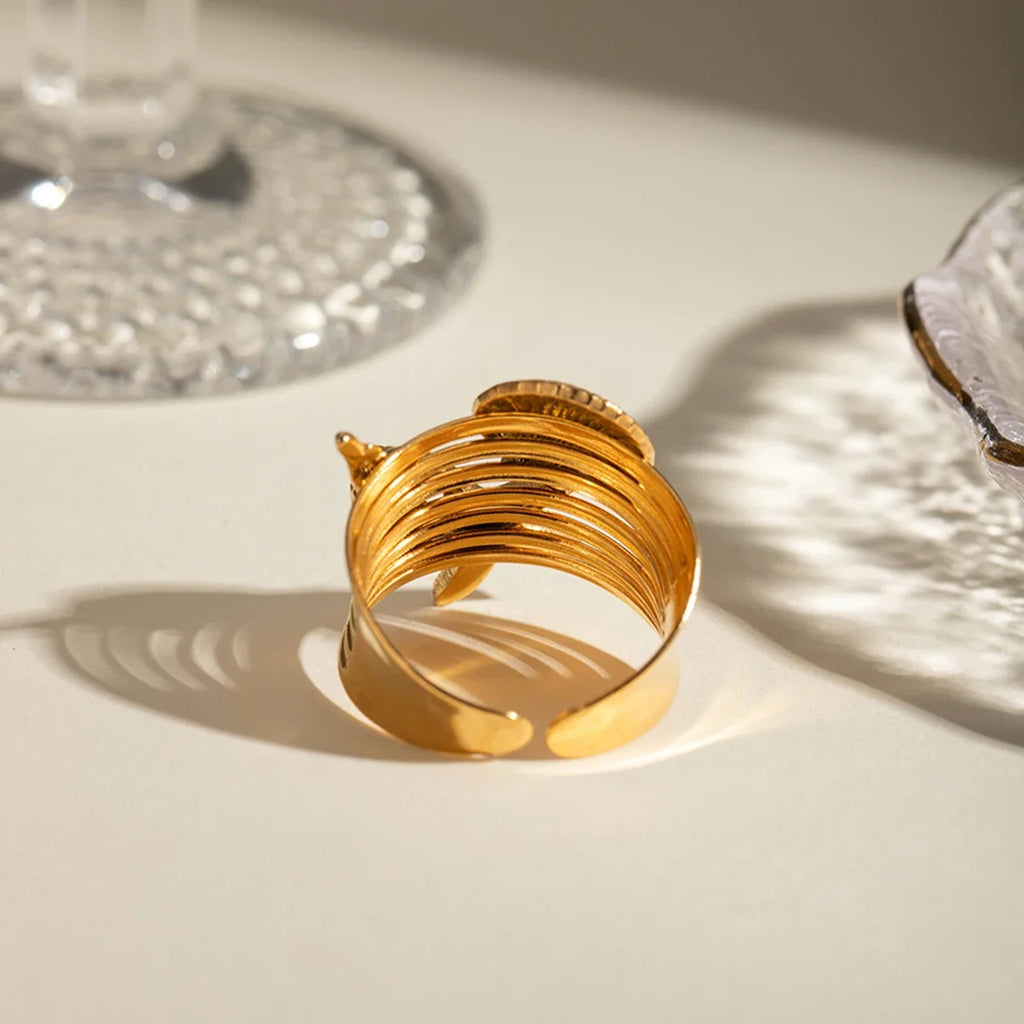 18K Gold Plated Geometric Wedding Band Stainless Steel Adjustable Ring Charm Jewelry