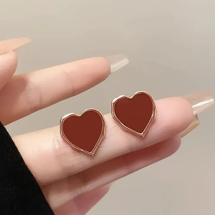 Romantic Red Heart Gold Color Copper Alloy Stud Earrings for Anniversary
