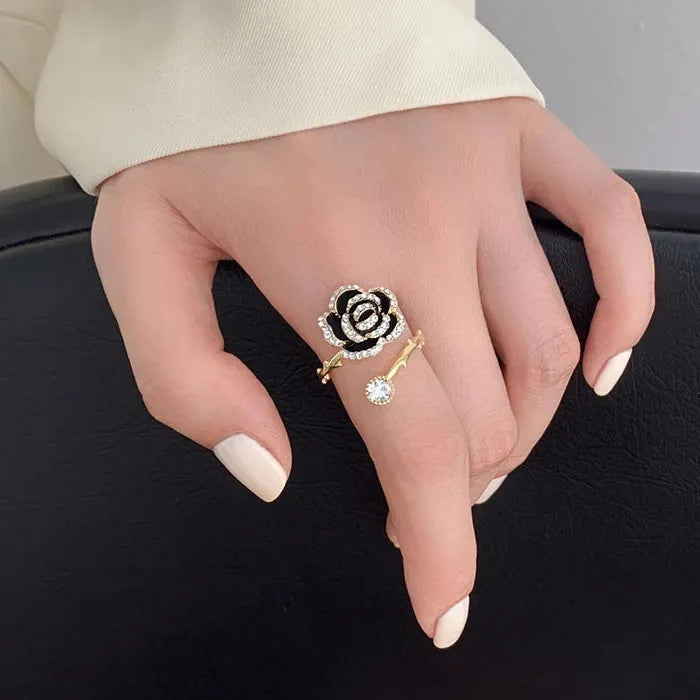 Black Rose Flower Metal Opening Ring for Women Girls with Zircon Jewelry