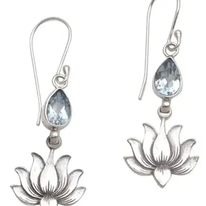 Vintage Blue Cubic Zirconia Lotus Drop Earrings for Women Zinc Alloy Jewelry Gift