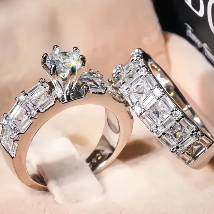 Elegant Luxury Women Cubic Zirconia Bridal Wedding Ring Set