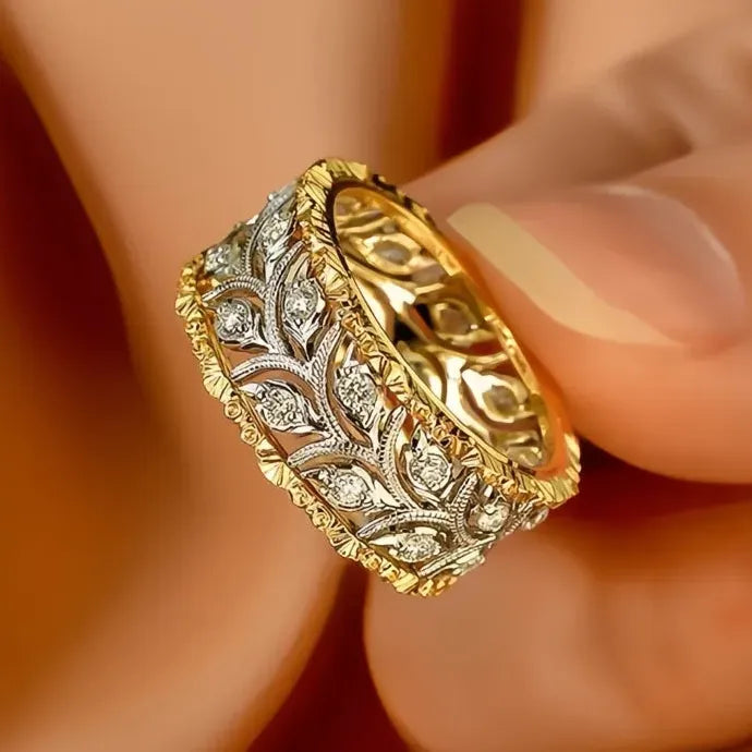 Two-tone Hollow-out Leaf Pattern Brass Ring with Cubic Zirconia for Women Wedding Jewelry
