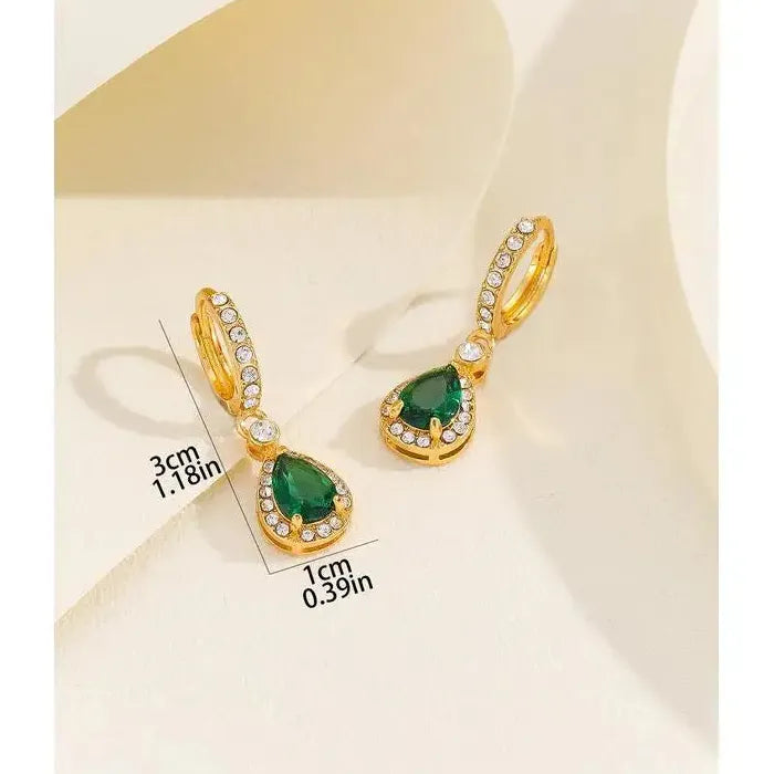 Gold Inlaid Green Water Droplet Zircon Pendant Drop Earrings for Girls Jewelry Gift