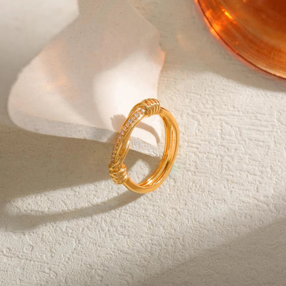 18K Gold Plated Zircon Twist Bilayer Circle Wedding Ring for Women Bride Jewelry